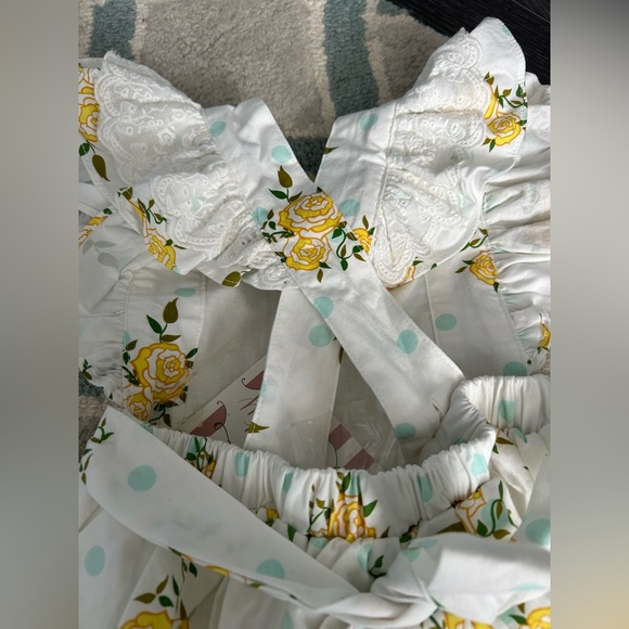 Girls Size 3T Serendipity Ruffle Dress, NWT, Yellow Roses/Blue Polka Dots - Picture 5 of 12